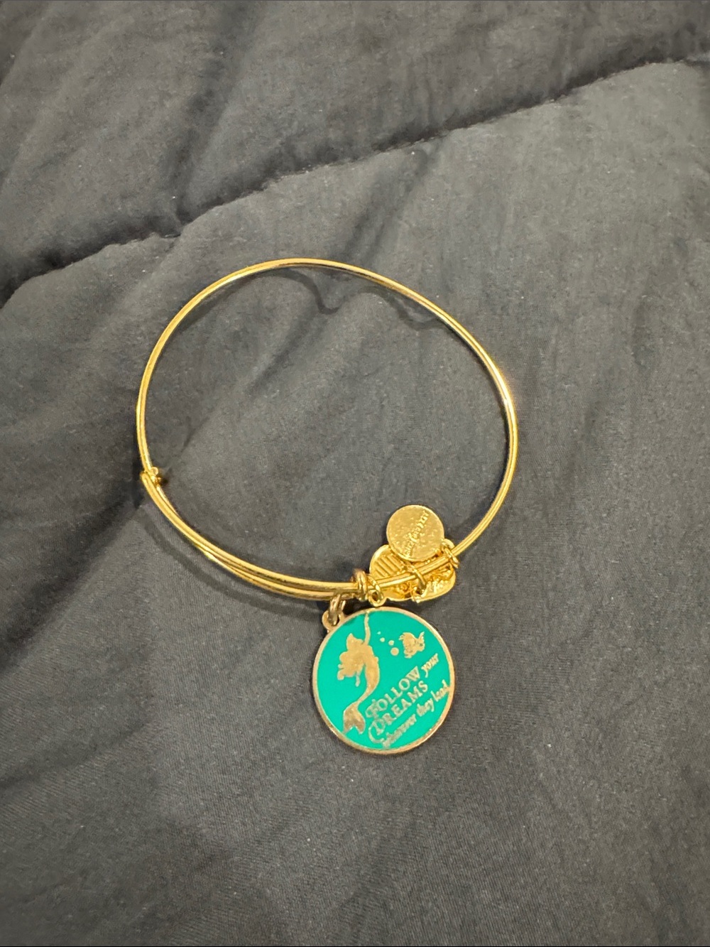 Alex and Ani Gold Bangle Bracelet with Teal Enamel Mermaid Charm Ariel
